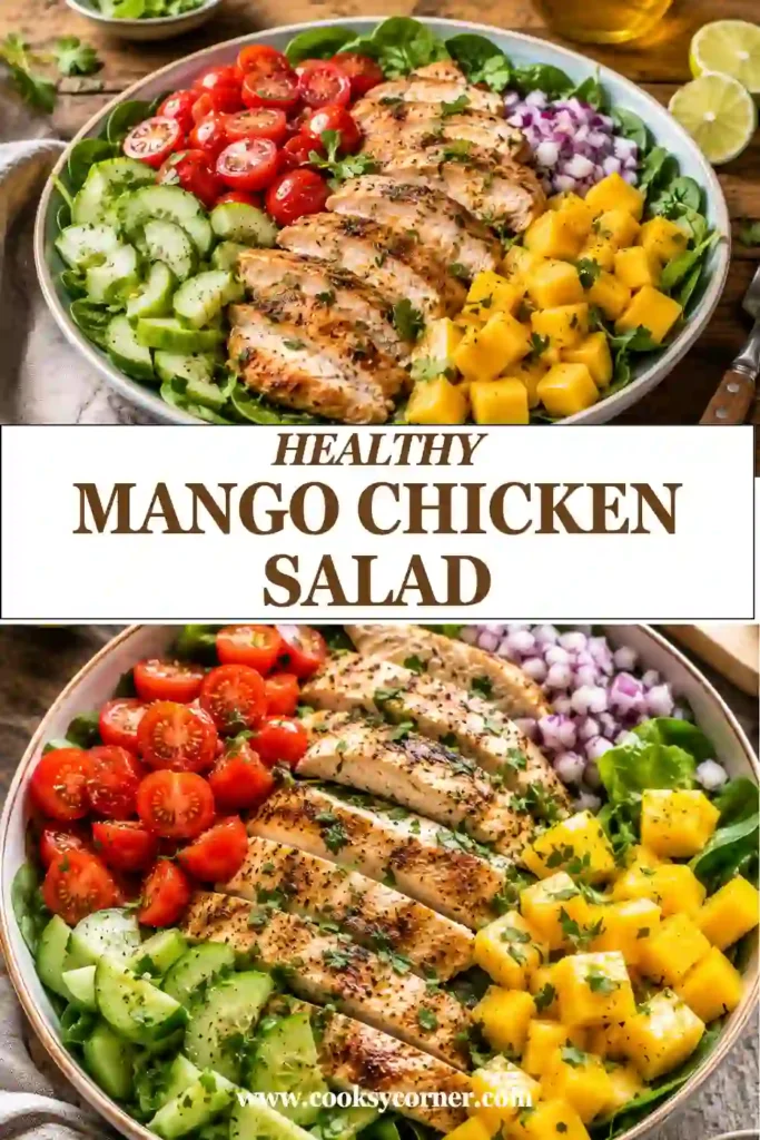 Healthy Mango Chicken Salad featuring juicy chicken breast, fresh mango chunks, crisp greens, cucumber, tomatoes, and herbs. A light honey lemon dressing adds bright citrus flavor.