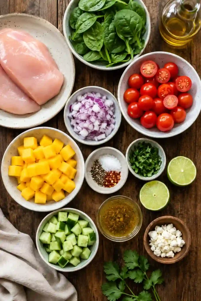 Colorful Mango Chicken Salad with grilled chicken, fresh greens, mango, cucumbers, tomatoes, and homemade lemon dressing. A refreshing high-protein meal for warm weather.