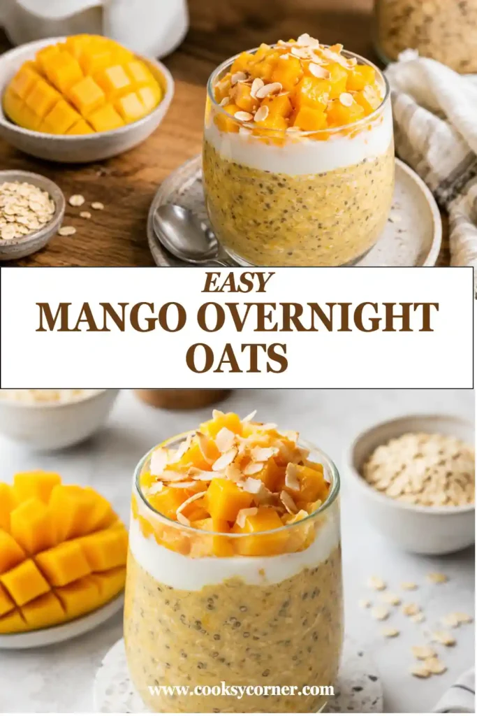 A jar of Mango Overnight Oats topped with juicy mango pieces and creamy yogurt. This tropical breakfast is made with rolled oats, chia seeds, and almond milk.
