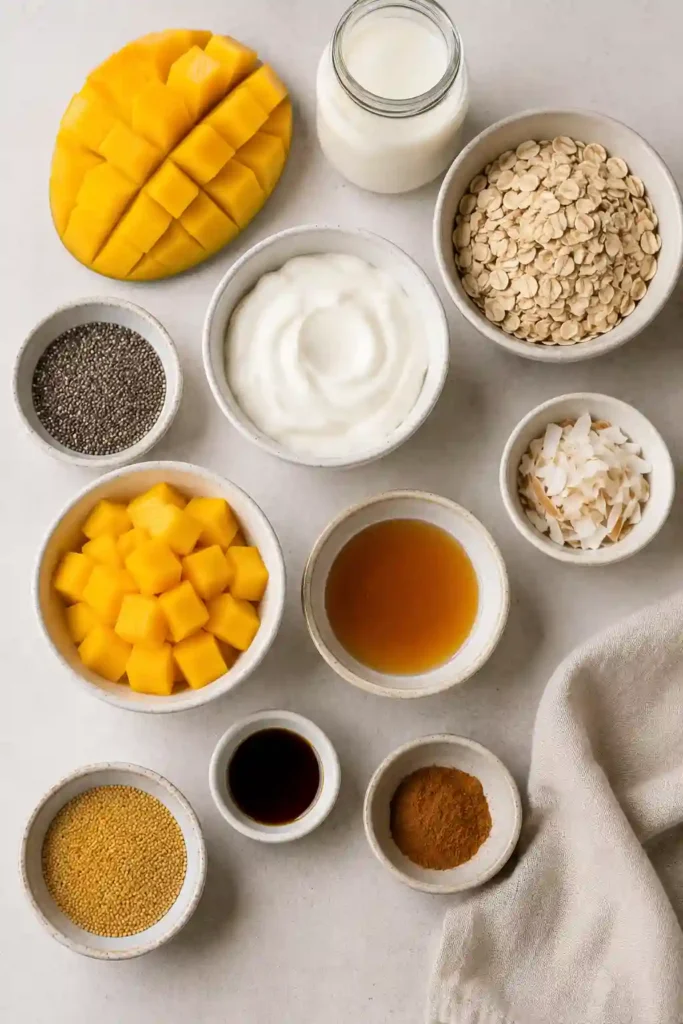 Fresh Mango Overnight Oats prepared with creamy oats and ripe mango, garnished with coconut flakes and yogurt. A simple meal prep breakfast full of tropical flavor.