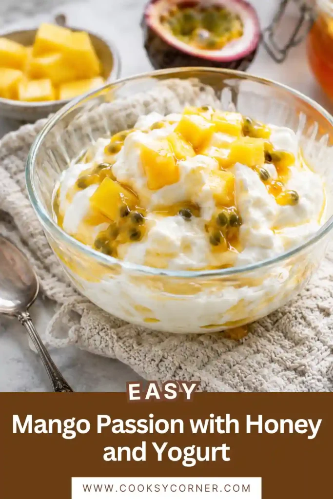 Tropical yogurt parfait made with ripe mango, passion fruit, honey, and fresh mint in elegant dessert glasses.