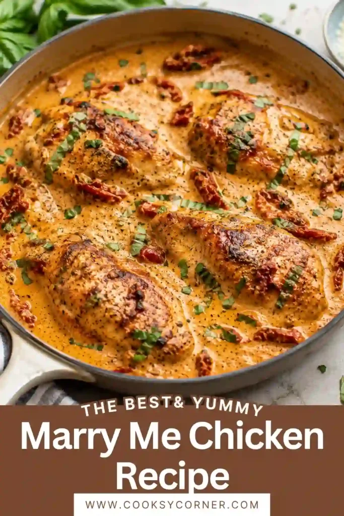 Close-up of Marry Me Chicken Recipe featuring juicy chicken in a creamy garlic Parmesan sauce with herbs and sun-dried tomatoes. An easy family dinner idea.