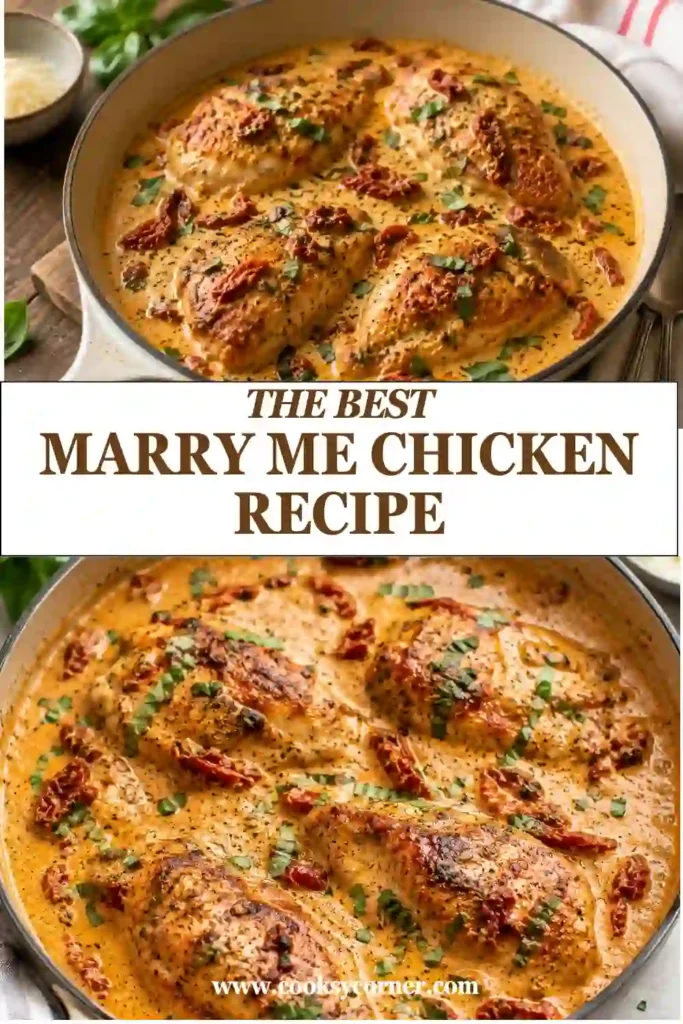 Creamy Marry Me Chicken with tender chicken breasts, Parmesan cheese, garlic, and sun-dried tomatoes in a rich one-pan sauce. Served hot with fresh basil garnish.