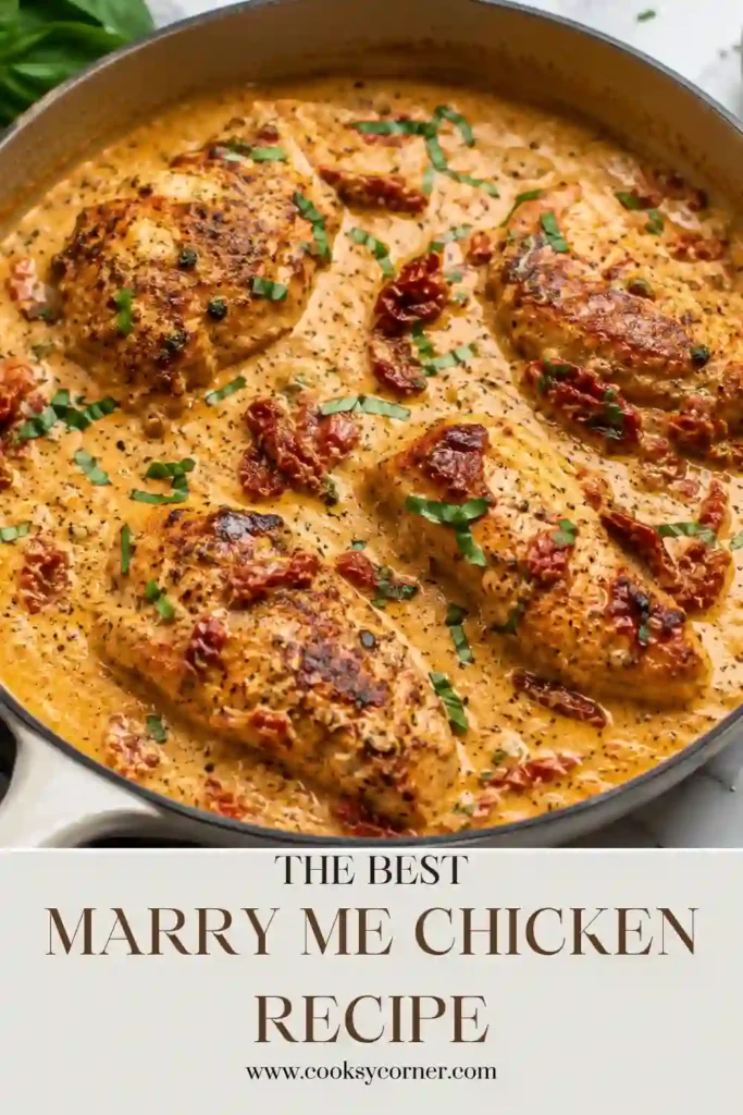 A plate of Marry Me Chicken Recipe served with creamy Parmesan sauce, sun-dried tomatoes, and fresh basil. The juicy chicken is coated in a rich, flavorful sauce perfect for a comforting dinner.