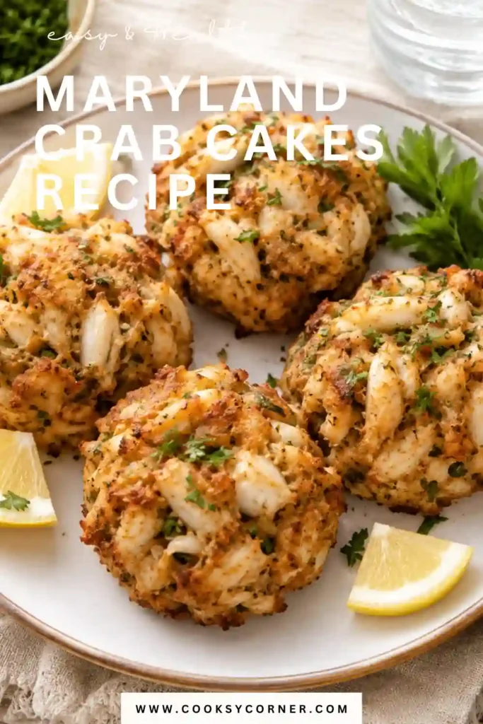 Classic Maryland-style crab cakes baked until golden and garnished with parsley. These little filler crab cakes are served with lemon wedges for a fresh seafood meal.