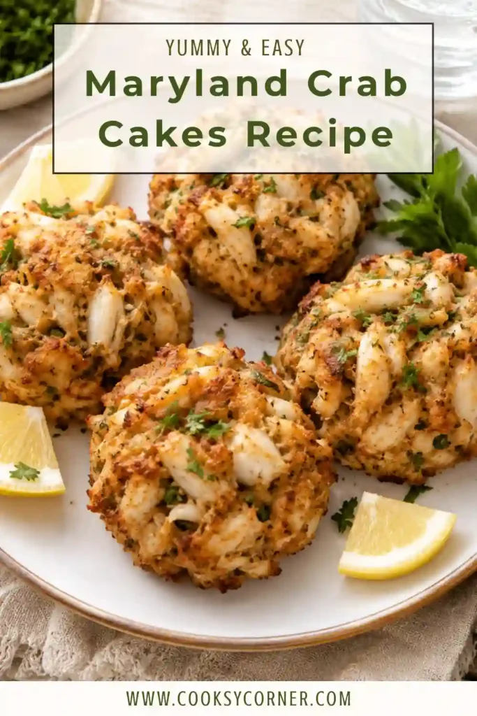 Homemade baked Maryland crab cakes with little filler, crispy edges, and tender crab meat served with fresh lemon and dipping sauce.