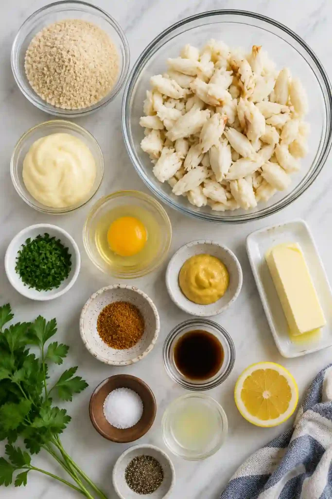 A platter of authentic Maryland crab cakes made with lump crab meat and Old Bay seasoning. Perfectly baked and ready to serve with fresh lemon slices.