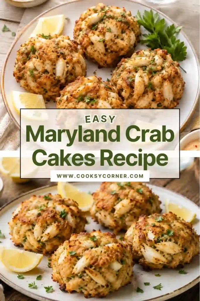 Golden-brown Maryland Crab Cakes Recipe made with fresh lump crab meat and Old Bay seasoning, served with lemon wedges and parsley on a white plate.