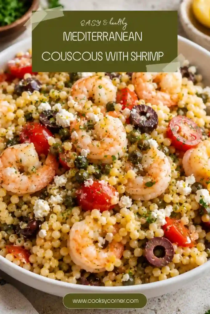 Pearl couscous mixed with shrimp, cherry tomatoes, feta cheese, olives, parsley, and capers in a Mediterranean-inspired serving bowl. A fresh seafood meal perfect for weeknight dinners.