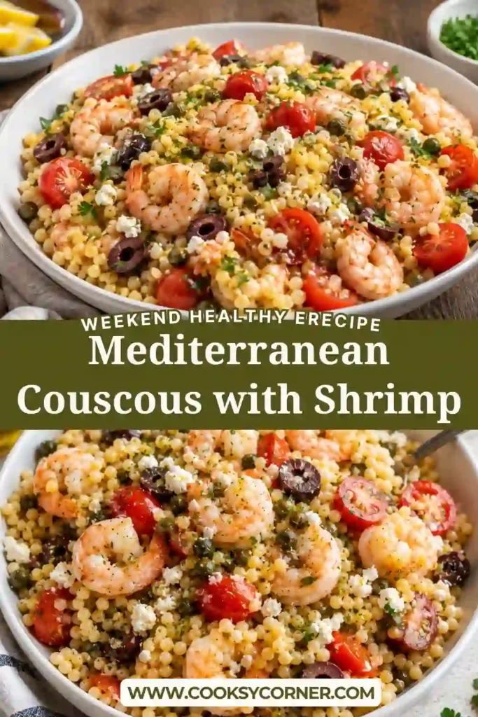 A close-up of Mediterranean shrimp couscous featuring tender shrimp, pearl couscous, fresh parsley, feta, and lemon. This healthy seafood recipe is colorful and satisfying.