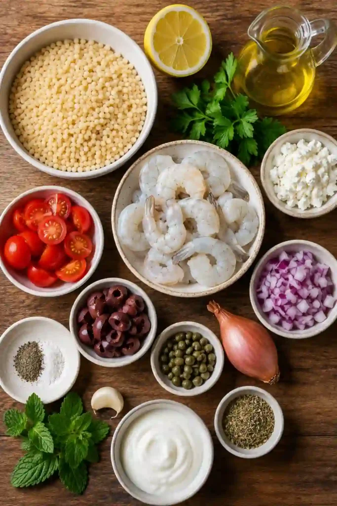 Colorful Mediterranean Couscous with Shrimp garnished with fresh parsley and served warm in a rustic bowl. A healthy and flavorful seafood dinner with feta and olives.