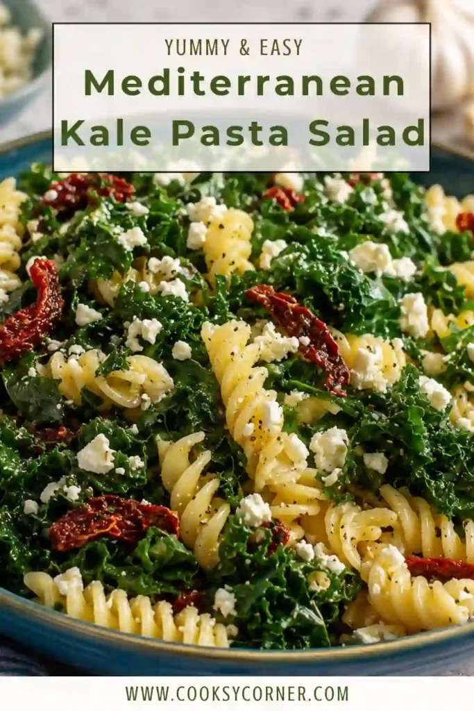Fresh Mediterranean Kale Pasta Salad served chilled with rotini pasta, leafy kale, feta cheese, Parmesan, and homemade basil pesto dressing. Perfect for meal prep and summer gatherings.