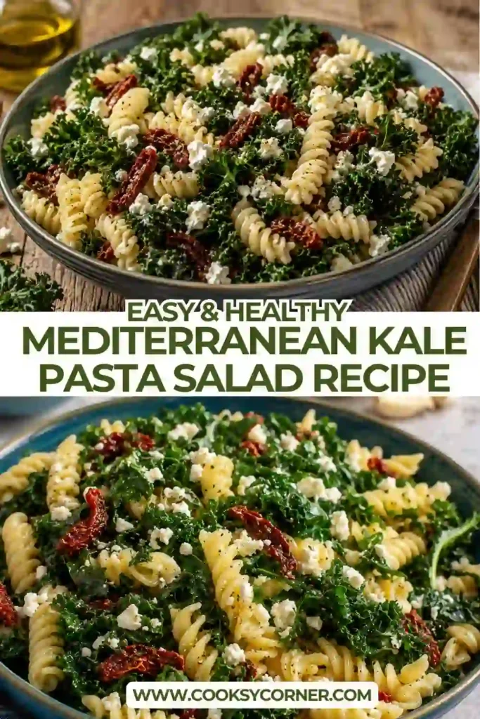 A bowl of healthy Mediterranean Kale Pasta Salad featuring tender rotini, massaged kale, creamy feta, grated Parmesan, and vibrant sun-dried tomatoes with a zesty pesto vinaigrette.