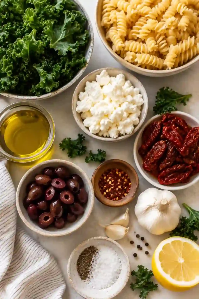 Easy Mediterranean Kale Pasta Salad with fresh vegetables, flavorful cheeses, and pesto dressing. A healthy vegetarian pasta salad that's perfect as a side dish or light meal.