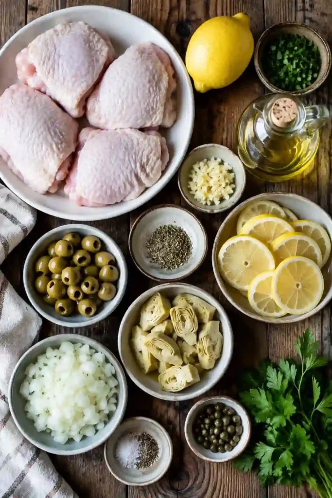A golden baked Mediterranean lemon chicken served with artichoke hearts, Kalamata olives, and fresh parsley in a rustic skillet. Fresh lemon slices add bright color and citrus flavor to this easy one-pan dinner.