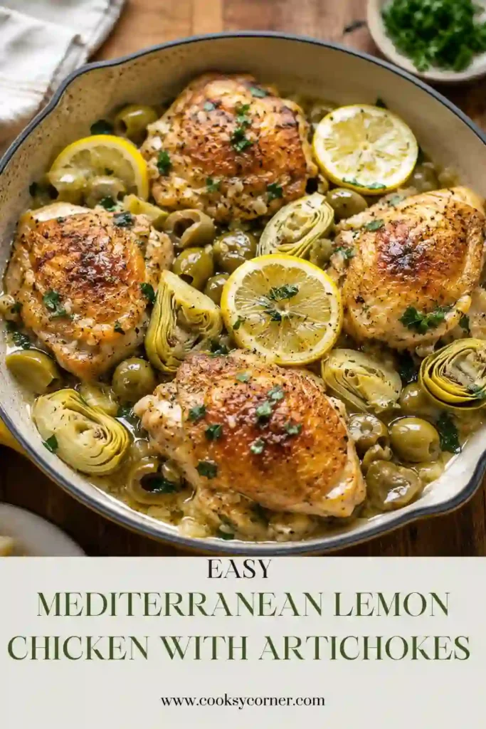 One-pan Mediterranean lemon chicken garnished with parsley and served with roasted vegetables. The combination of citrus, herbs, olives, and artichokes creates a fresh and satisfying meal.