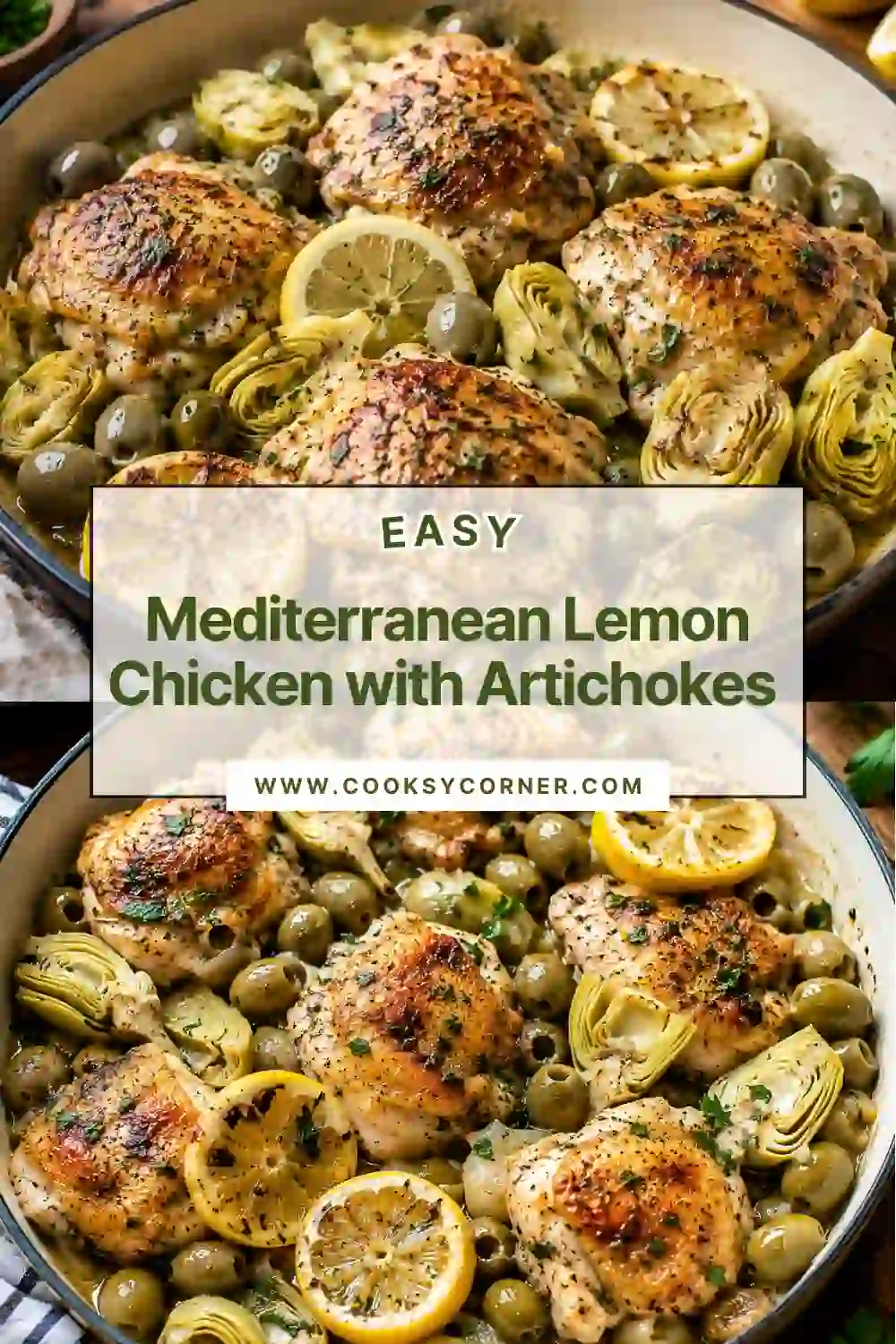 Tender baked chicken surrounded by marinated artichokes, cherry tomatoes, Kalamata olives, and fresh lemon slices. This Mediterranean chicken recipe is wholesome, vibrant, and easy to prepare.