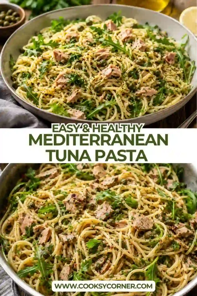 Healthy Mediterranean Tuna Pasta served with fresh parsley, cracked black pepper, and lemon zest. Every bite combines tender pasta with rich tuna and fresh Mediterranean ingredients.
