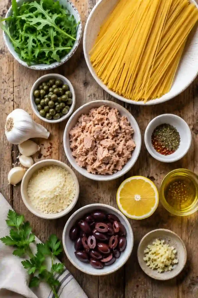 Close-up of Mediterranean Tuna Pasta featuring spaghetti, flaky tuna, lemon zest, capers, arugula, and parsley. This wholesome Mediterranean dinner looks fresh, vibrant, and flavorful.