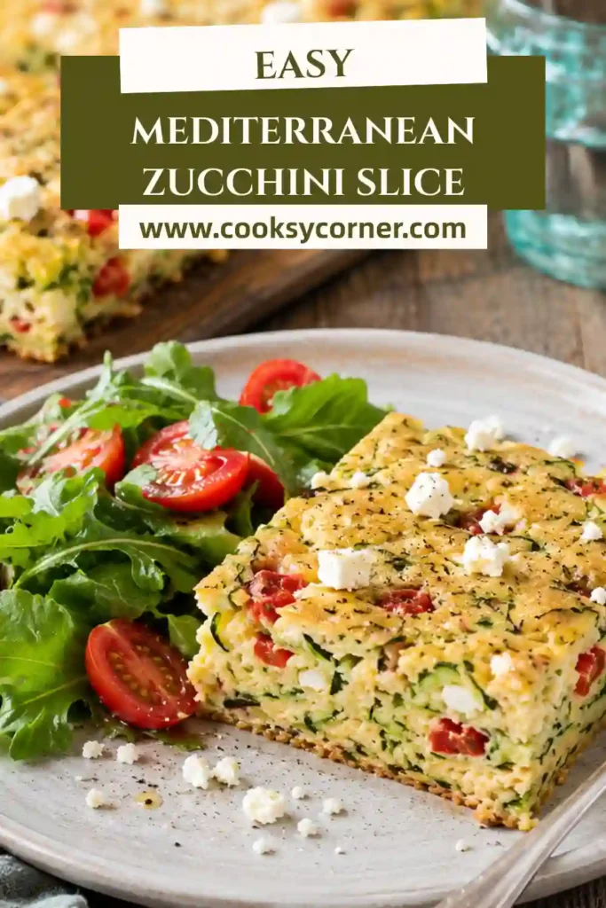 Slices of Mediterranean Zucchini Slice featuring grated zucchini, eggs, feta cheese, and oregano baked until golden. This easy zucchini slice is flavorful, wholesome, and perfect served warm or cold.