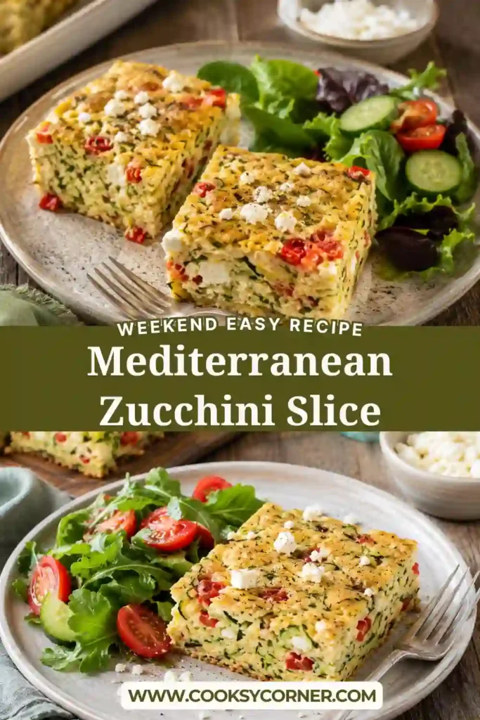 Freshly baked gluten free zucchini slice with creamy feta, herbs, and roasted peppers served on a white plate. A colorful Mediterranean vegetable bake that's ideal for lunch or brunch.