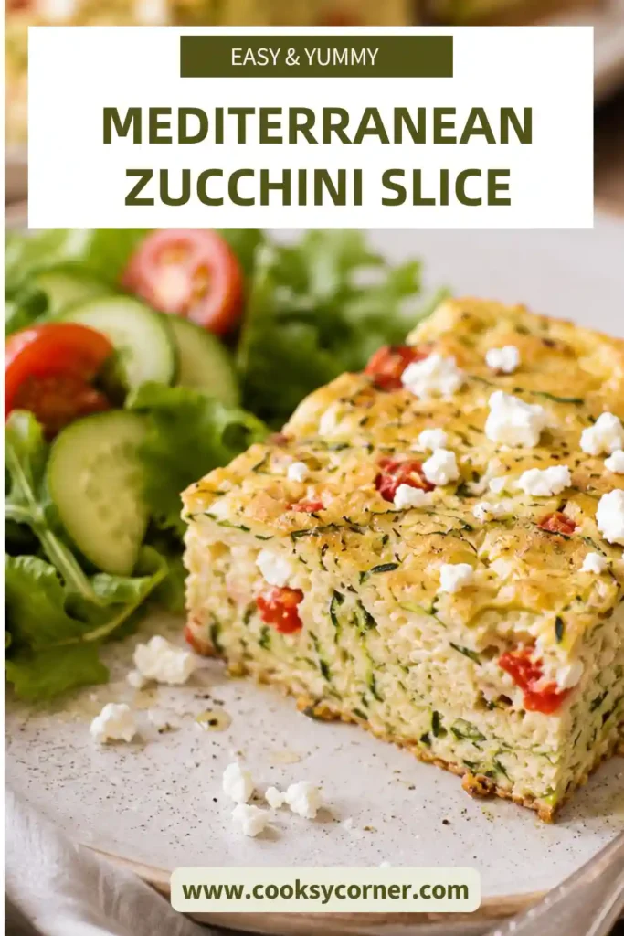 A golden Mediterranean Zucchini Slice baked with zucchini, feta cheese, roasted red peppers, and Parmesan. This healthy zucchini recipe has a tender texture and is perfect for meal prep or family meals.