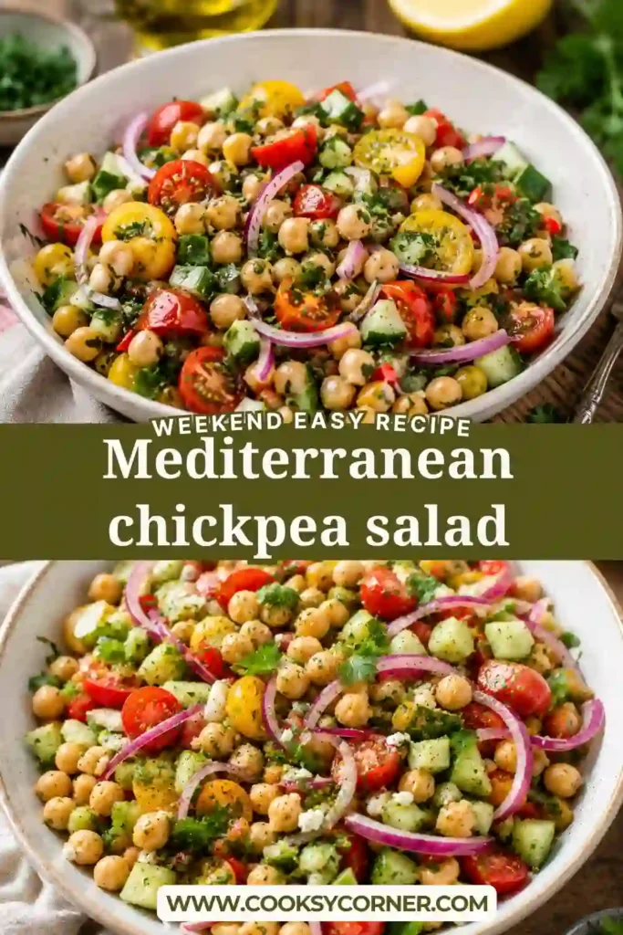 Fresh Chickpea Salad featuring tender chickpeas, juicy tomatoes, crisp cucumber, and fragrant herbs. A protein-packed Mediterranean salad ideal for meal prep.