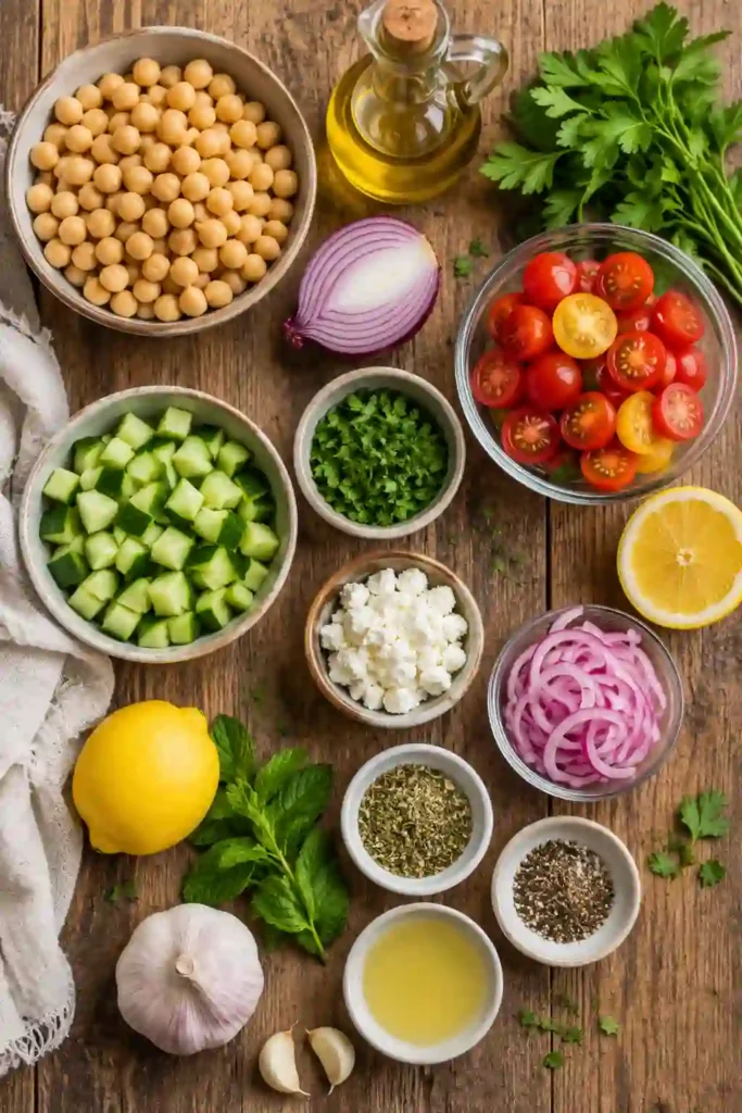 Mediterranean Chickpea Salad with colorful vegetables, olives, and herbs dressed in olive oil and lemon juice. A refreshing summer salad packed with wholesome ingredients.