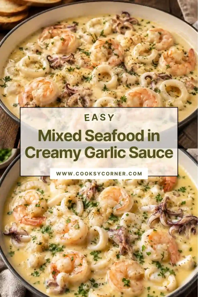 3. Mixed seafood simmered in a velvety garlic cream sauce with parsley garnish. This elegant seafood skillet is perfect for serving over rice or with crusty bread.