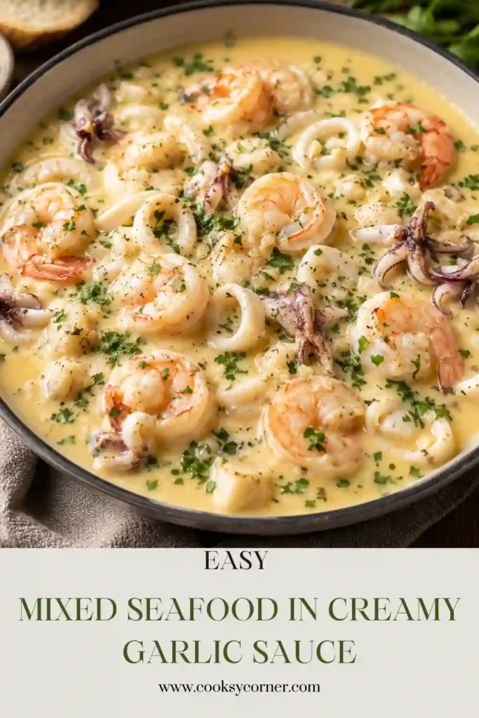 2. Creamy garlic seafood featuring shrimp, squid, and bay scallops cooked in a buttery garlic cream sauce. A comforting seafood dinner served with fresh herbs.