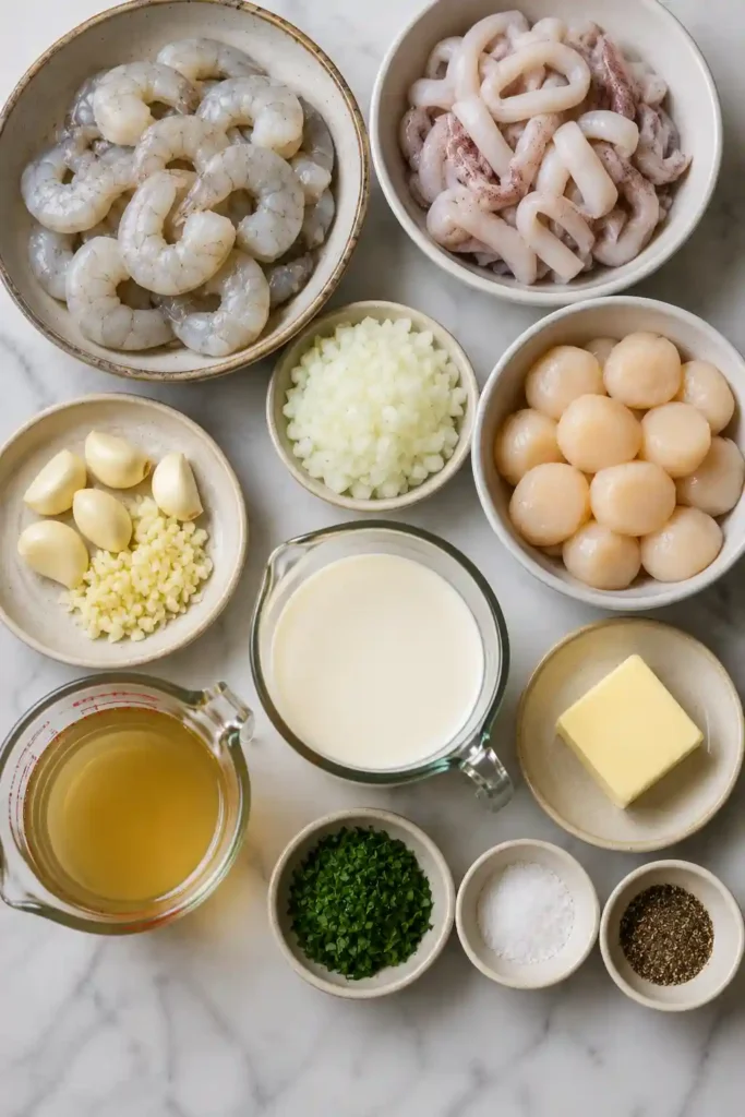 4. A close-up of creamy garlic seafood with succulent shrimp, tender calamari, and sweet scallops in a rich homemade sauce, photographed in soft natural light.