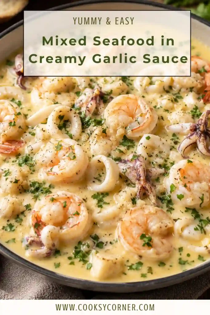1. A skillet filled with shrimp, scallops, and calamari in a rich creamy garlic sauce, garnished with fresh parsley. The seafood is tender and served in a rustic pan under natural lighting.