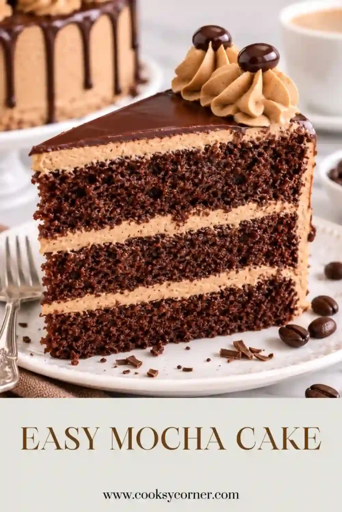 Moist Coffee Chocolate Cake sliced to reveal fluffy chocolate layers and smooth mocha frosting. Finished with espresso bean garnish for extra flavor.
