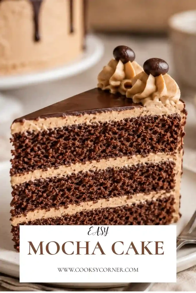 A tall homemade Mocha Cake with moist chocolate layers, creamy coffee buttercream, and glossy chocolate ganache. Chocolate-covered espresso beans decorate the top for an elegant finish.