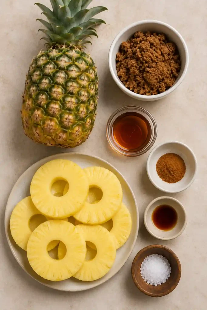 Golden grilled pineapple rings featuring rich brown sugar caramelization and smoky grill marks on a rustic serving plate.