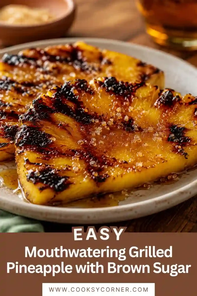 Grilled pineapple rings coated with brown sugar glaze, caramelized on the grill, and garnished with coarse sea salt on a serving platter.