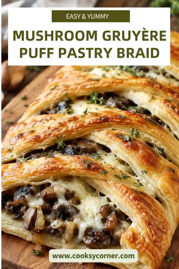 Close-up of a golden Mushroom Gruyère Puff Pastry Braid filled with tender mushrooms, fresh thyme, and creamy Gruyère cheese. The crisp pastry creates a beautiful bakery-style presentation.
