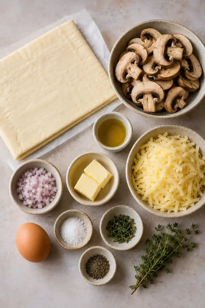 Rustic Mushroom Gruyère Puff Pastry Braid served warm on a wooden platter with flaky pastry, earthy mushrooms, and rich Gruyère cheese. An easy and delicious baked mushroom pastry.