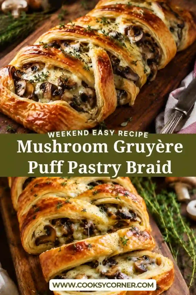 A freshly baked Mushroom Gruyère Puff Pastry Braid with flaky golden layers, sautéed mushrooms, and melted Gruyère cheese sliced on a serving board. This savory puff pastry braid makes an elegant appetizer or brunch dish.
