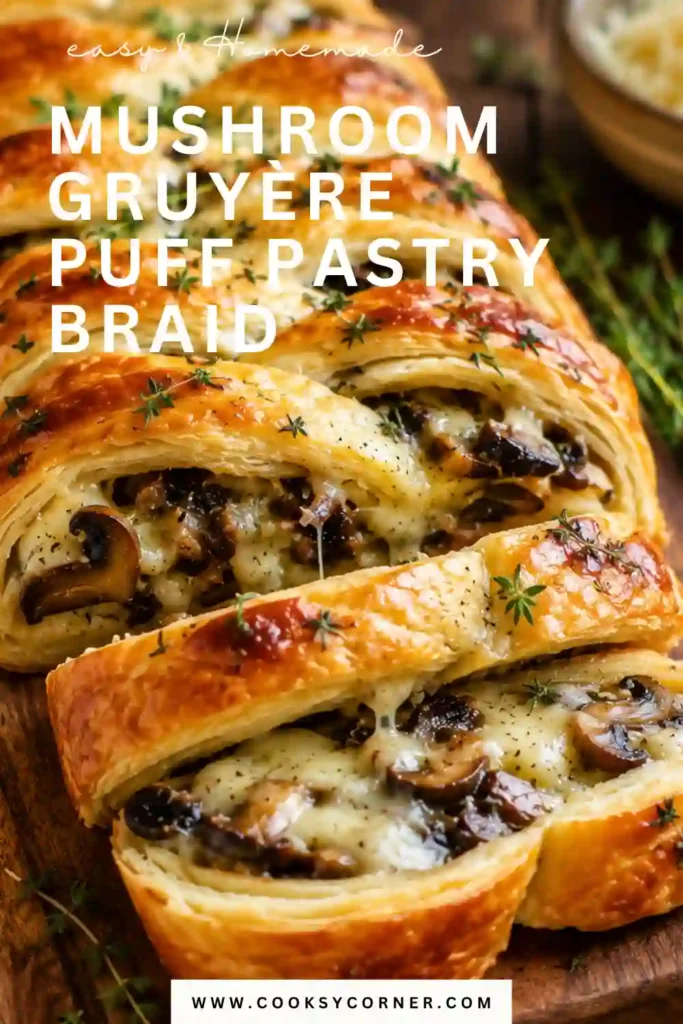 Homemade Mushroom Gruyère Puff Pastry Braid baked until crisp and golden with a savory mushroom filling and melted cheese. Perfect for holiday entertaining or weekend brunch.