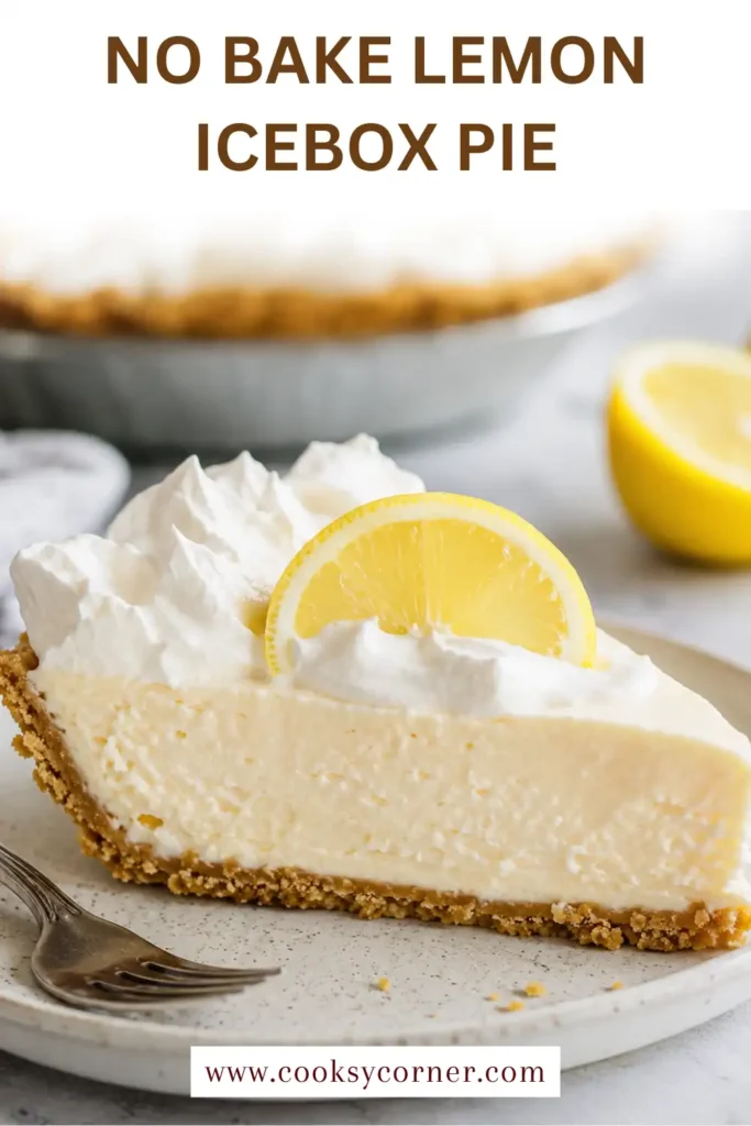 A slice of creamy lemon icebox dessert garnished with whipped cream and lemon zest. This refreshing no-bake pie has a silky texture and vibrant citrus flavor.