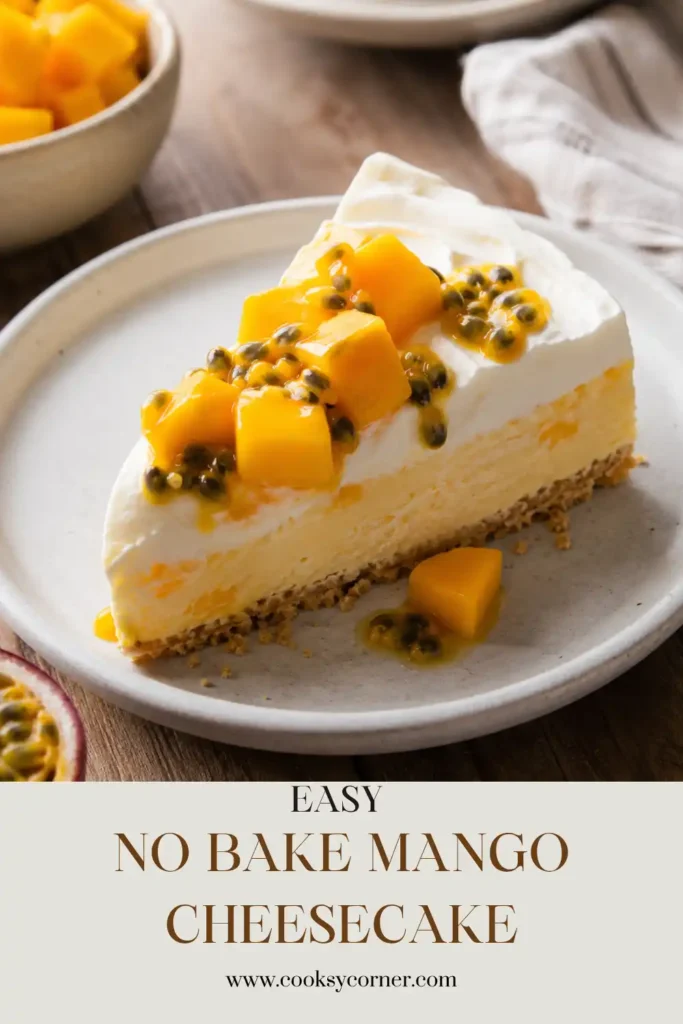 Elegant No Bake Mango Cheesecake served on a cake stand with fresh mango and whipped cream. This easy mango dessert is rich, creamy, and full of tropical flavor.