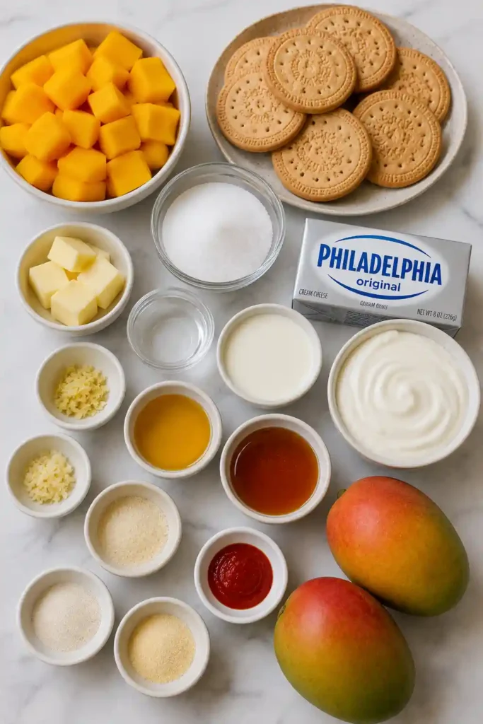 A creamy No Bake Mango Cheesecake with a buttery biscuit crust, smooth mango cheesecake filling, glossy mango jelly topping, whipped cream, fresh mango cubes, and passion fruit.
