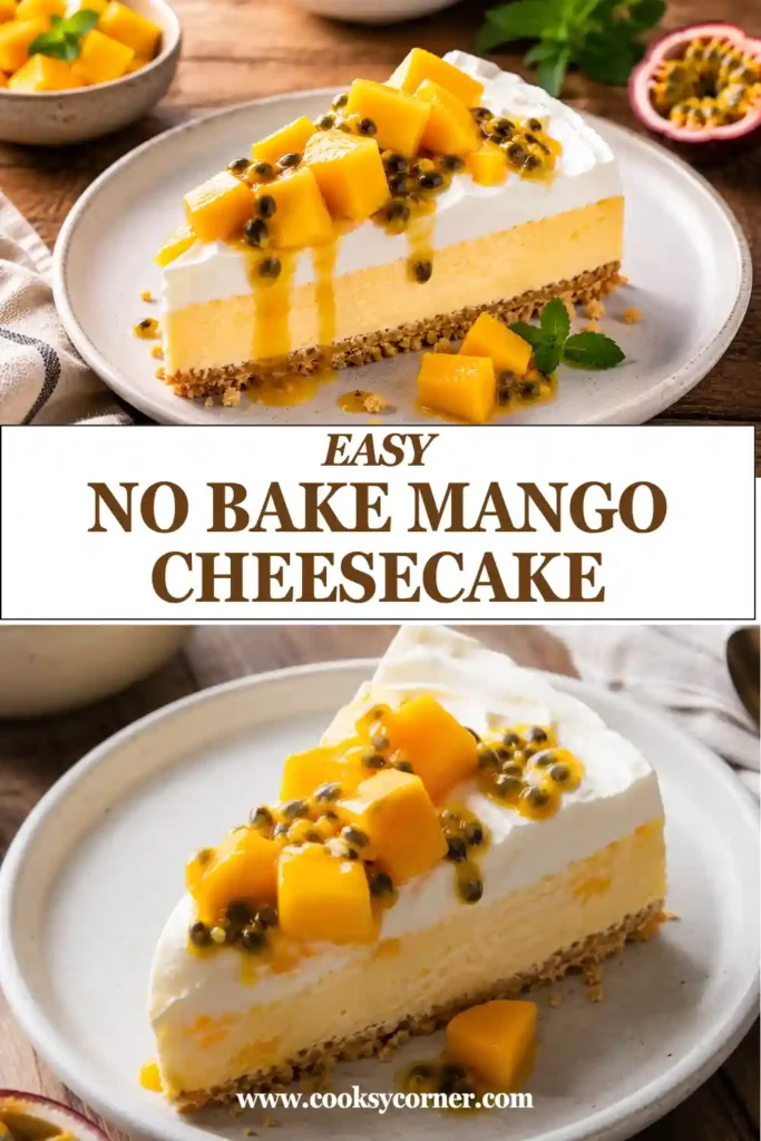 Close-up of a slice of No Bake Mango Cheesecake showing the buttery biscuit base, silky mango filling, and vibrant mango jelly topping. A perfect tropical dessert for summer.