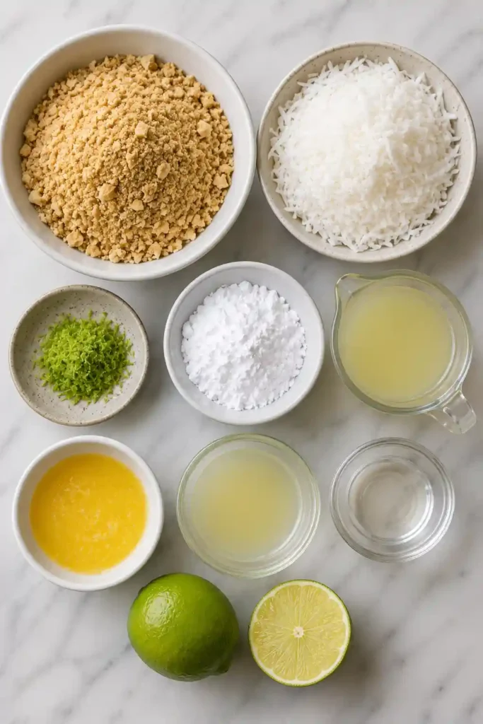 Refreshing lime dessert bites coated in coconut flakes and garnished with fresh lime slices.