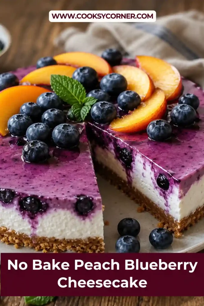 A beautifully decorated peach cheesecake with blueberries and fruit sauce resting on a golden graham cracker crust. This easy no-bake dessert is perfect for warm-weather entertaining.