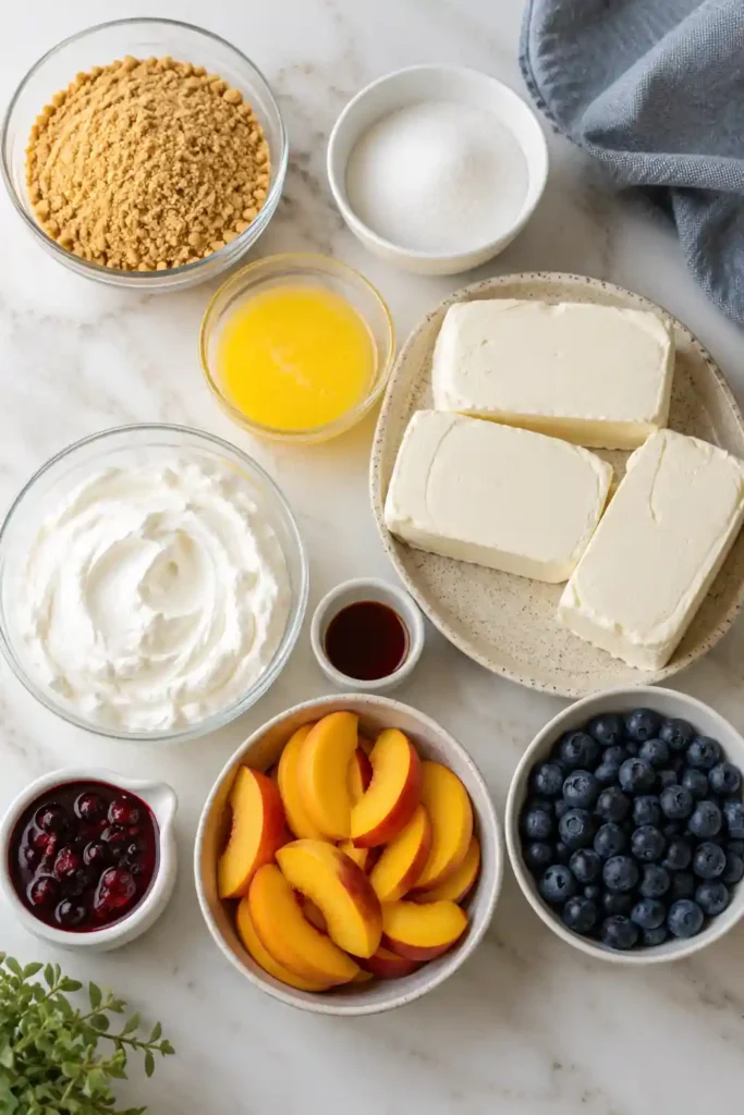 Slices of creamy No-Bake Peach Blueberry Cheesecake served with juicy peaches and fresh blueberries. Every bite offers rich cheesecake texture and bright summer fruit flavor.