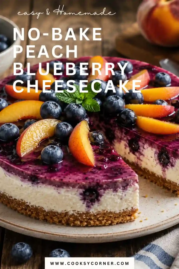 This homemade No-Bake Peach Blueberry Cheesecake features a fluffy cream cheese filling layered over a crisp graham cracker crust. Fresh fruit adds vibrant color and naturally sweet flavor.