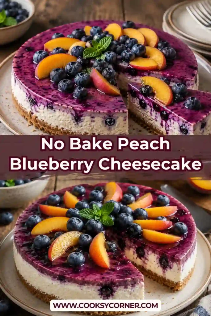 A creamy No-Bake Peach Blueberry Cheesecake topped with fresh peach slices, ripe blueberries, and glossy fruit sauce. The buttery graham cracker crust creates the perfect base for this refreshing summer dessert.