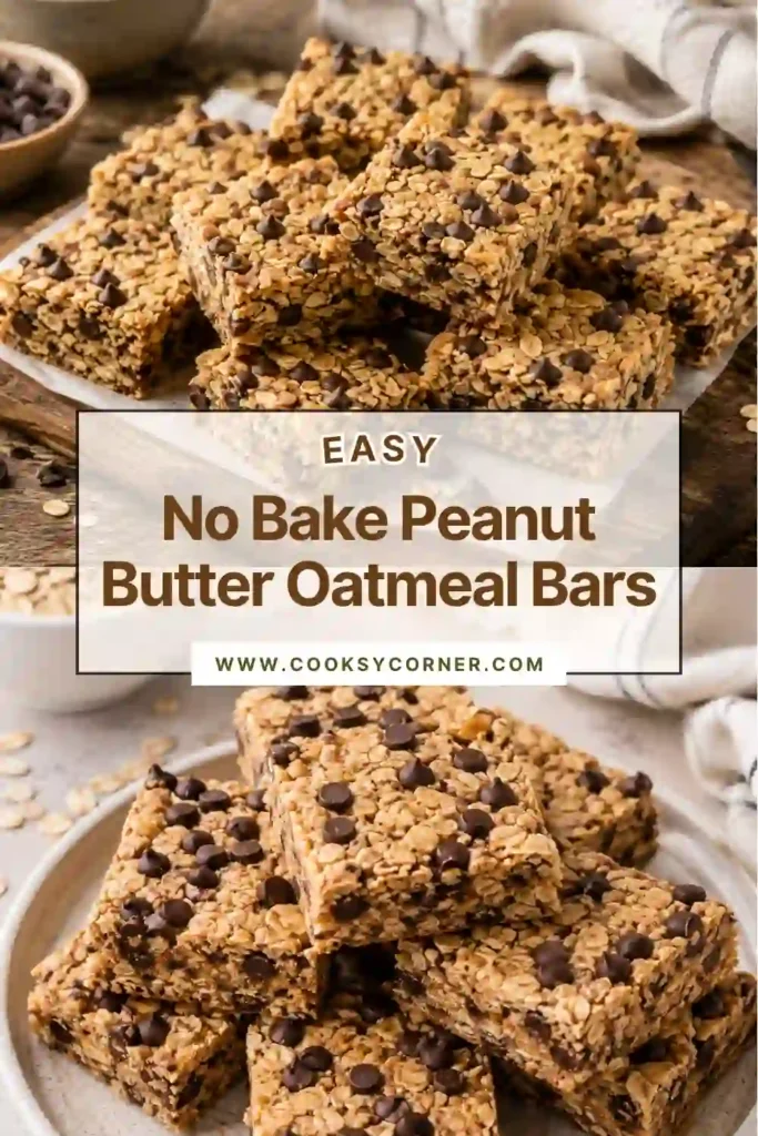 Stacked homemade peanut butter oatmeal bars with visible chocolate chips on parchment paper. These healthy no bake bars have a soft, chewy texture that's perfect for any occasion.